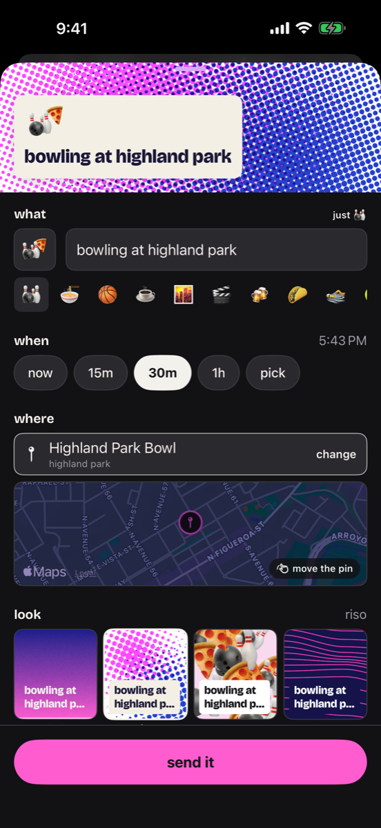 the create sheet: bowling at highland park, 30 minutes from now, Highland Park Bowl, a pink send it button