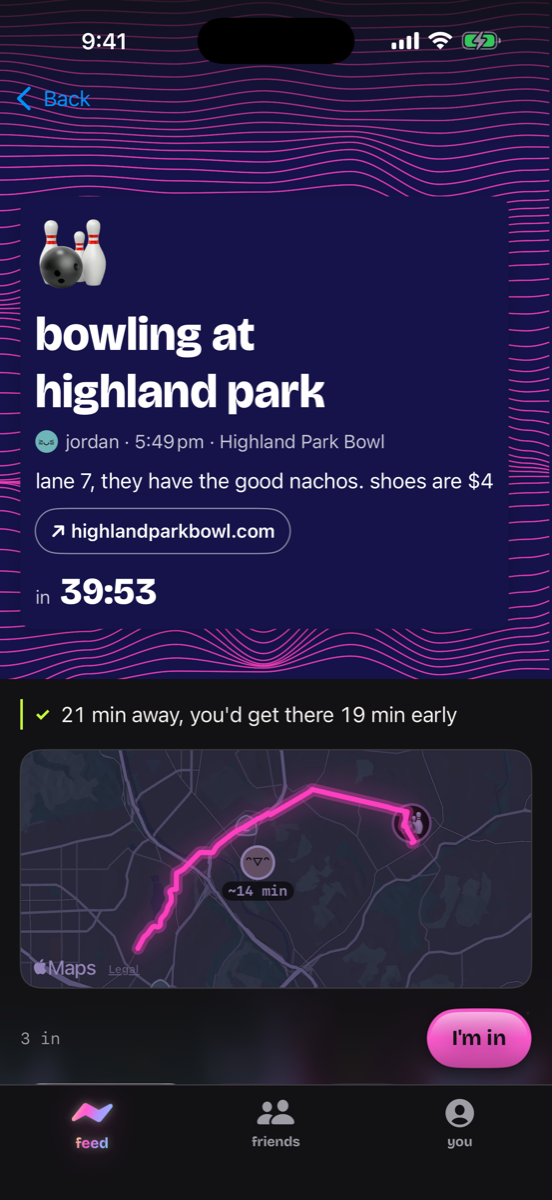 a ping's detail: the poster, the map with a friend's pin 14 minutes out, and the people going